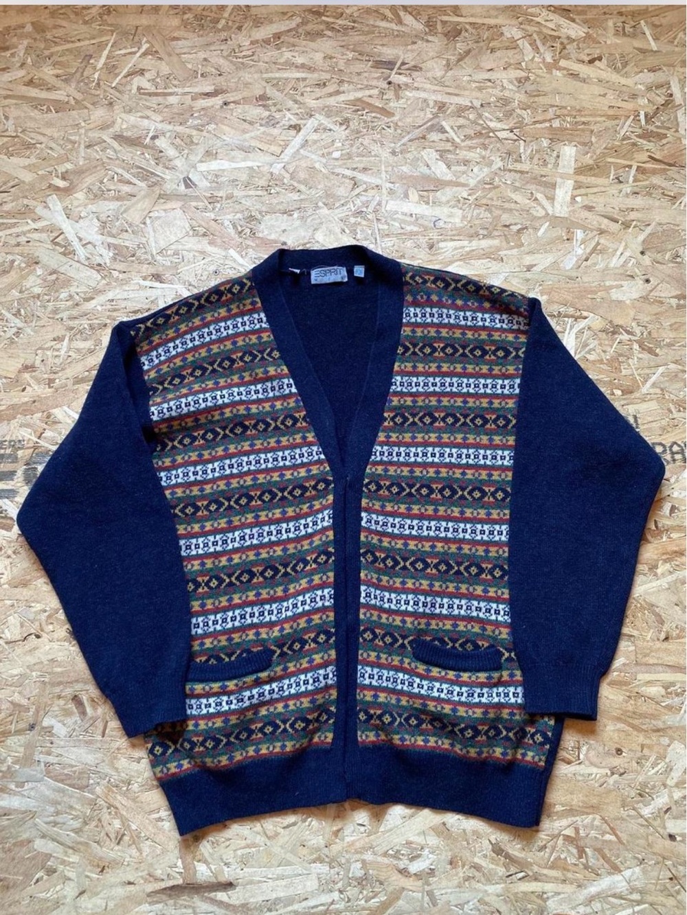 Esprit 90s Vintage Navy Cardigan with Multicolor Fair Isle Panels